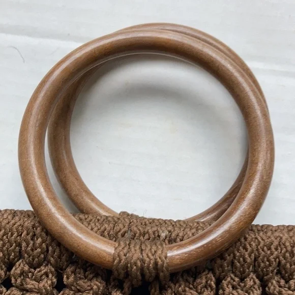 Brown crochet small wood ring handle purse - Picture 8 of 11